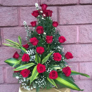 24 Red Roses on Rustic Base