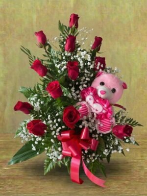 arreglo de rosas rojas con peluche