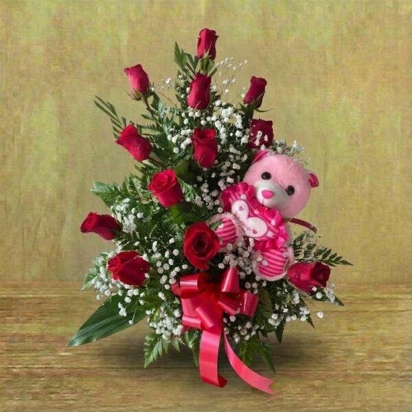 12 rosas rojas con peluche, regalo romántico a domicilio en Managua