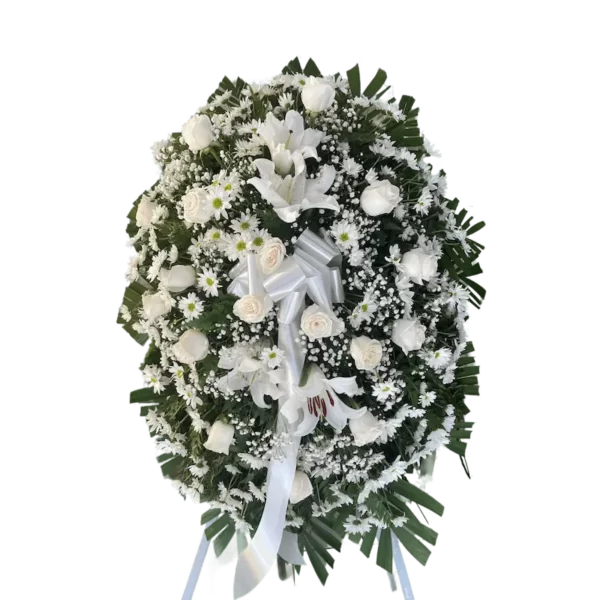 corona para difuntos rosas blancas lirios y margaritas
