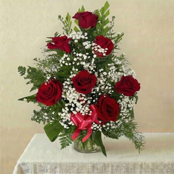 Arreglo clásico de 6 rosas rojas con velo de novia, entrega en Managua